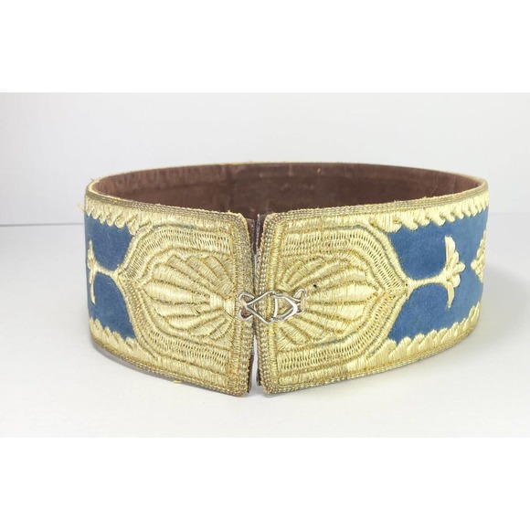 VTG 60s 30.5” Handmade Gold/Blue Sewn Fabric Jordan Middle East Mens Kaftan Belt - Picture 6 of 10